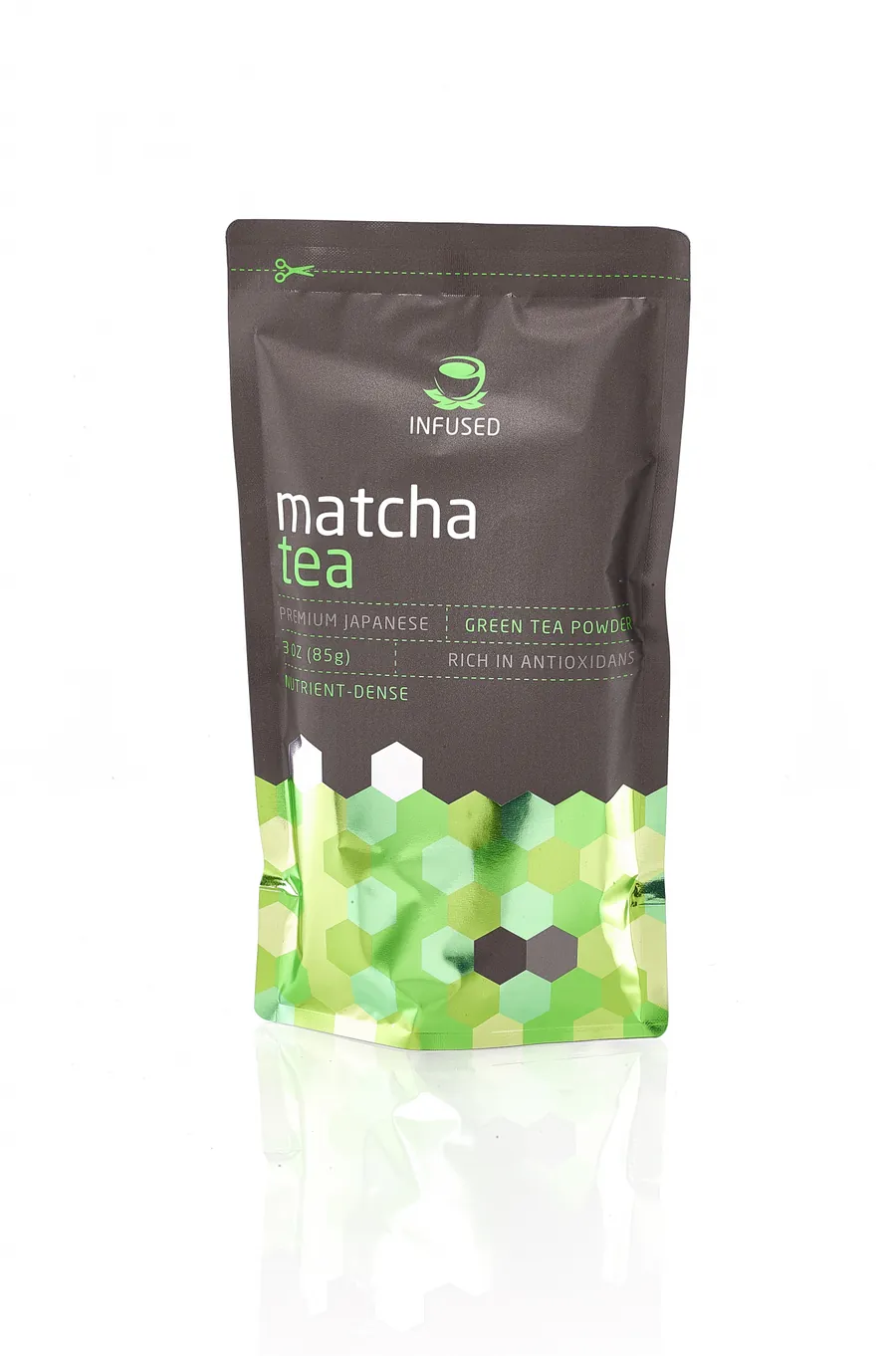 Standbodenbeutel „Matcha Tea“ braun mit grünem Wabenmuster